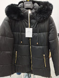 Giubbino Nero con Cappuccio Staccabile e Bordo in Pelliccia Elegante Chiara Oro