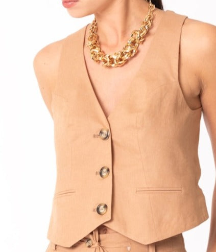 coordinato con gilet e pantaloni ampi con coulisse